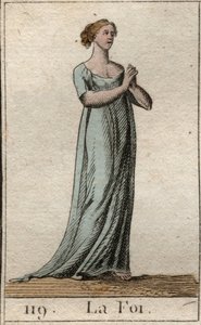 Representasjon av troen, kvinne kledd i hvitt med sammenføyde hender. (Troen som ung kvinne, kledd i hvit kjole, med sammenføyde hender). Fra "Mythology of Youth" av Pierre Blanchard 1803. av French School