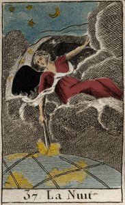 Representasjon av natten (Nyx), mørkets gudinne. (Nyx (Natten), mørkets gudinne). Fra "Mythology of Youth" av Pierre Blanchard 1803. av French School