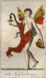 Representasjon av Volupte, naken kvinne kronet med roser, hun holder en kopp eller en slange trekker en deilig likør. (The Voluptuousness (glede), som en naken kvinne, kronet med roser, holder hun en kopp hvor en slange drikker en deilig nektar). Fra "Myth av French School