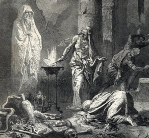 Representasjon av Witch of Endor (eller Pythonisse of Endor), en kanaanittisk landsby nevnt i den første boken av Samuel (bibelen) som har en talisman som hun kaller spøkelset til profeten Samuel nylig avdøde, på forespørsel fra Saul, konge av Isr av French School