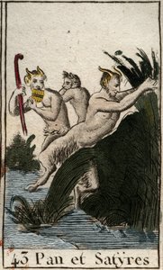 Representasjon av countryguden Pan og satyrer. Han har hårete lår, geiteføtter, og spiller fløyte (Syrinx) har flere piper. (Bondguden Pan, representert med satyrer, han har lodne bein og geiteføtter, han spiller syrinx eller panfløyte) Fra «Mythologie de av French School
