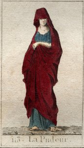 Representasjon av guddommen Modesty, en ung kvinne med et ansikt dekket med et slør. (Representasjon av prudishness, som en kvinne med tilslørt ansikt). Fra "Mythology of Youth" av Pierre Blanchard 1803. av French School