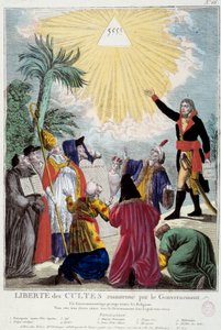 Representasjon av friheten til tilbedelse av alle religioner opprettholdt av Napoleon Bonaparte (1769-1821): den første konsulen angir treenighetens trekant som symboliserer Gud som kommer av representantene for hver religion: katolsk eveque, en jøde, en k av French School