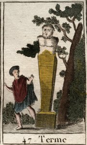 Representasjon av guden Terme, i form av en terminal, for å markere eiendeler og landområder. (Representasjon av guds endepunkt, som en steinterminal av land og eiendeler). Fra "Mythology of Youth" av Pierre Blanchard 1803. av French School