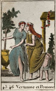 Representasjon av høstguden Vertumne og Pomonef, nymfe av frukt og hagearbeid. Vertumne tar utseendet til en gammel kvinne for å forføre Pomone. (representasjon av Vertumnus, høstens gud, med Pomona, gudinnen for frukt og hager, Vertumnus sporer Pomo av French School