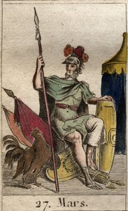 Representasjon av krigsguden Mars, våpen, nær en hane. (Krigsguden Mars bevæpnet med en stud). Fra "Mythology of Youth" av Pierre Blanchard 1803. av French School