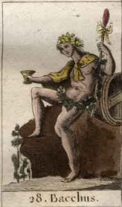 Representasjon av guden for vin og høsting Bacchus, med en kopp i hånden. (Guden for vin og druehøst Bacchus med en kopp vin). Fra "Mythology of Youth" av Pierre Blanchard 1803. av French School