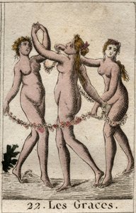 Representation of the three Graces: Aglae, Thalie and Euphrosyne, daughter of Venus and Bacchus (The Three Graces (or Charites) daughters of Venus and Bacchus. From “Mythology of Youth” by Pierre Blanchard 1803. av French School