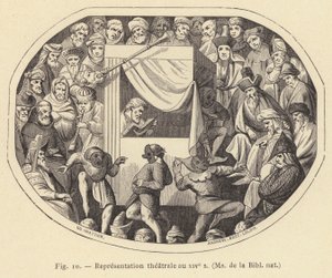 Teaterforestilling på 1300-tallet, Ms de la Bibl nat (gravering) av French School