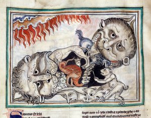 Representasjoner av skapningene i underverdenen som slår den jævla miniatyren hentet fra "The Apocalypse of Cambrai"" belyst av den franske skolen på 1200-tallet. Frk. 422. Kommunebibliotek, Cambrai av French School