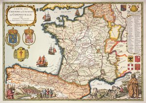 Reproduksjon av kart over rutene til St. James of Compostel, opprinnelig gravert av D.Serveaux 1648