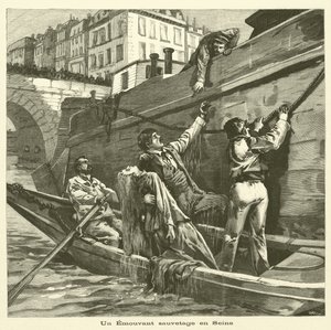 Redning av en kvinne fra elven Seinen i Paris (gravering) av French School