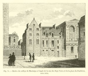 Rester av Montaigu college på hjørnet av rue des Sept-Voies og place du Pantheon, rundt 1850 av French School