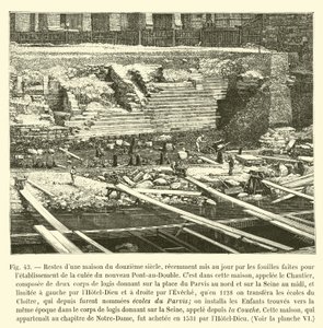 Rester av et hus fra 1100-tallet, nylig avdekket ved utgravninger for etablering av landstøtet til den nye Pont-au-Double av French School