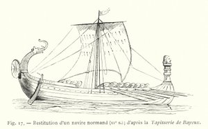 Restitusjon av et normannisk skip, 1000-tallet; etter Bayeux-teppet (gravering) av French School