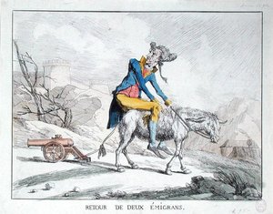 Return of Two Emigrants (farget gravering) av French School