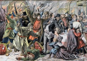 Revolution of 1905 - Opprørske russiske bønder som invaderer et landsted. Jacquerie i de russiske provinsene. Invasjon av et slott av russiske bønder gjør opprør. Illustrasjon for Le petit Journal, 2. april 1905. av French School