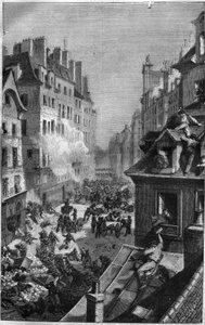 Revolution of 1830: fight in the faubourg Saint Antoine. Engraving in “Histoire des Papes-Rois-Queen and Empereurs a travers les centuries”” by Maurice Lachatre av French School