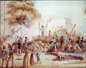 Julirevolusjonen i Paris - Barrikaden i Boulevard Saint Martin 1. august (akvarell, ca. 1830) av French School