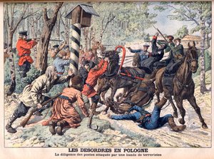 Revolutionary in Poland - Terrorists attacking a mail coach in Poland. The desorders in Poland. Diligence of the posts attacked by a gang of terrorists. Illustration for Le petit Journal av French School