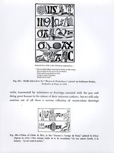 Gåte fra Heures de Nostredame, trykt av Guillaume Godart i 1513, og et tegn til Jehan de Brie fra Heures a lusaige de Paris, trykt av Jehan Bignon i 1512, illustrasjoner fra Science og av French School