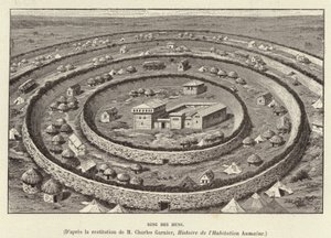 Ring des Huns. Ringformede festningsverk som beskytter en bosetning av hunerne (gravering) av French School