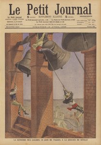 Ringing av klokkene på Giralda, klokketårnet i Sevilla-katedralen, påskedag (fargelitografi) av French School