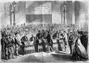 Risorgimento, Napoli, 21. oktober 1860: avstemning av befolkningen i kirken Saint Francois de Paule om byens tilknytning til kongeriket Italia. Gravering i "" Le Monde Illustré"" nr. 188 av 17. november 1860. av French School