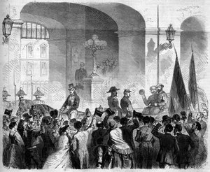Risorgimento, Napoli, 7. november 1860: inngangen til Victor Emmanuel II (Victor-Emmanuel) (Vittorio Emanuele) (1820-1878), kongen av Italia, til det kongelige palasset i Napoli etter avstemningen fra befolkningen som godtok tilknytningen til Napoli til ko av French School