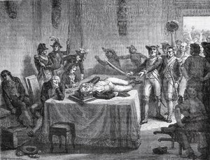 Robespierre venter på henrettelse etter å ha skutt seg selv i kjeven i 1794 av French School