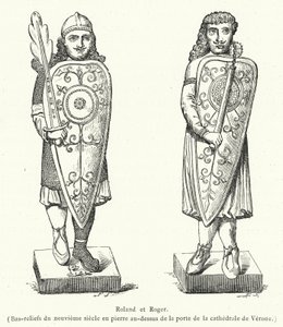 Roland et Roger, Bas-reliefs du neuvieme siecle en pierre au-dessus de la porte de la cathedrale de Verona (gravering) av French School