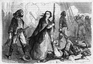 Roman serial: “” Memorials of Joseph Garibaldi”” by Alexandre Dumas (1802-1870). Anita Garibaldi (1821-1849), wife of Giuseppe Garibaldi, taking part in the battle, with a rifle in hand. Engraving in “” Les bons romances”” av French School