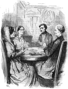 Romersk serie: "" Greven av Monte Cristo"" (Monte-Cristo) av Alexandre Dumas (1802-1870). Et kortspill mellom fire karakterer. Gravering i "" Les bons romances"" av French School