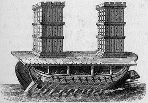 Romersk skip et tårn. Gravering i «La Marine et les colonies: handel av French School
