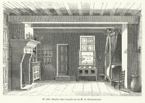 Rom i Hotel de France i St Malo, Bretagne, der den franske forfatteren og politikeren Francois-Rene de Chateaubriand ble født (gravering) av French School