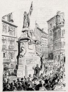Rouen: members of the League of Patriotes in front of the statue of Joan of Arc- drawing by Paul Merwart for “” the flag - illustrious monitor of the League of Patriotes”” - 1884 av French School