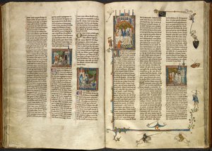 Royal 14 E. III, ff.88v-89 Lancelot removing the head of his decapitated grandfather, the king, out of a boiling well; a building collapsing on two knights. On the right, miniature of Arthur and Guinevere seated at a banquet, from 