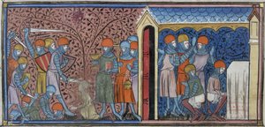 Royal 16 G. VI, f.185v Raid of the Mansur of Cordoba, illustrasjon fra 