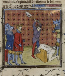 Royal 20 C. VII f.134v Ledere av Jacquerie-opprøret mot den franske adelen halshugget etter ordre fra kongen av Navarra, fra 'Chroniques de France ou de St Denis' (blekk, farge og gull på vellum) av French School