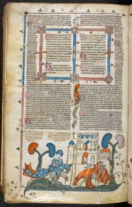 Royal MS 10 E IV f.313v, en bas-de-page-scene av en ridder som løsner en annen foran et slott, ca. 1300-40 (penn og blekk og tempera på pergament) av French School