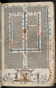 Royal MS 10 E IV f.66r, bas-de-page scene av en ridder som dukker opp fra et slott, ca. 1300-40 (penn og blekk og tempera på pergament) av French School