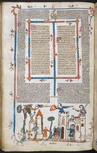Royal MS 10 E IV f.88v, en bas-de-page-scene av en drage som angriper et slott, ca. 1300-40 (penn og blekk og tempera på pergament) av French School