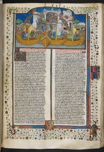 Royal MS 15 E VI, f.207 Miniatyr av skip som beleirer Corunna, fra 