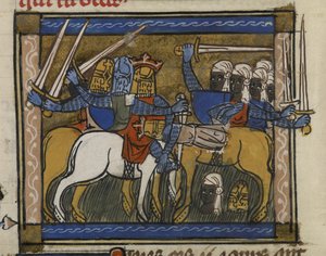 Royal MS 19 D I, f.77v Battle of Genghis Khan og Prester John, fra 