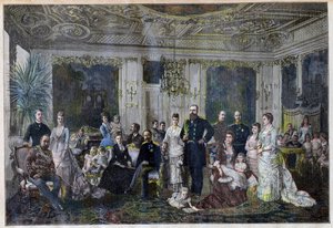 Kongelige familier samles i Danmark for å feire sølvbryllup til tsaren og tsarinaen i en liten landsby Juleboekshusene fra 'Le Petit Journal', 26. september 1891 (farget gravering) av French School