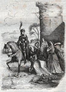 Ruggiero og tre nymfer fra hoffet i Alcina - gravering av 1851 fra diktet Orlando furioso av French School