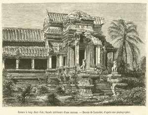 Ruiner ved Angkor-Vat, indre fasade av et hus (gravering) av French School