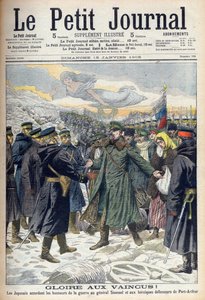 Russisk-japansk krig 1904-1905: Japanere tillater general Stoessel og de russiske forsvarerne av Port Arthur ærefull overgivelse. Fra Le petit Journal, Paris av French School
