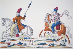 Russiske kosakker på tidspunktet for Napoleons invasjon i 1812 (farge litho) av French School