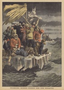 Russiske fiskere driver på et isflak (farge litho) av French School